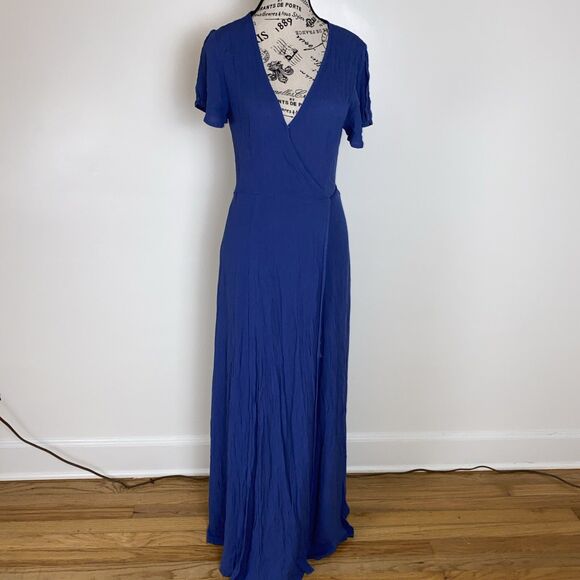 Lulus Women's Size Small Much Obliged Wrap Maxi Dress Slate Blue Gauzy Crinkle - Picture 1 of 8